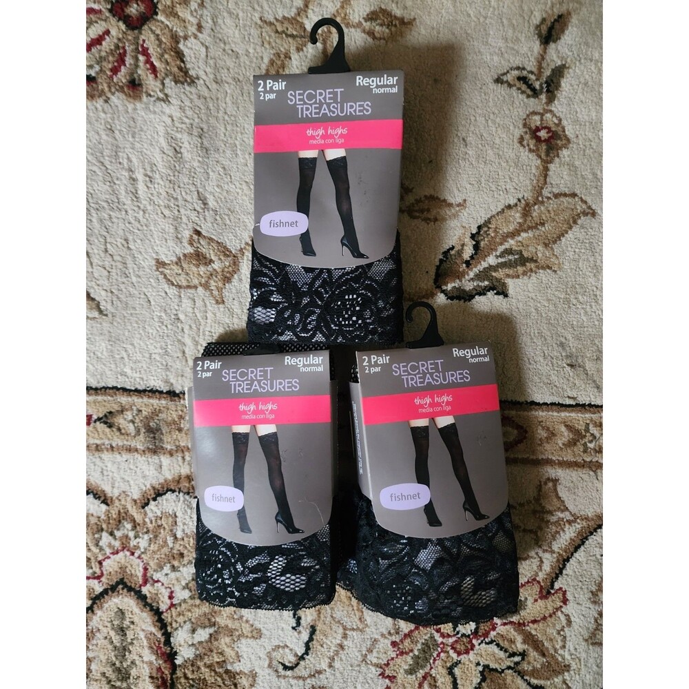 Secret Treasures Fishnet Thigh Highs Regular Black Lace Top 6 Pairs 3 Packs NWT